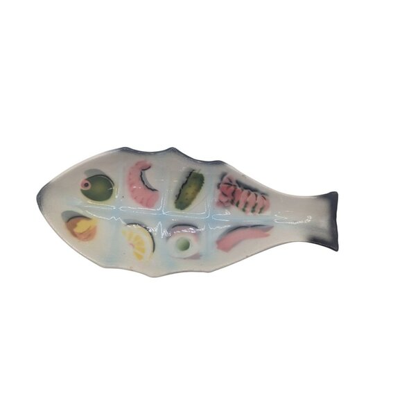 Hand-Painted Ceramic Fish-Shaped Divided Serving Dish With Vibrant Food Motifs - Picture 5 of 10